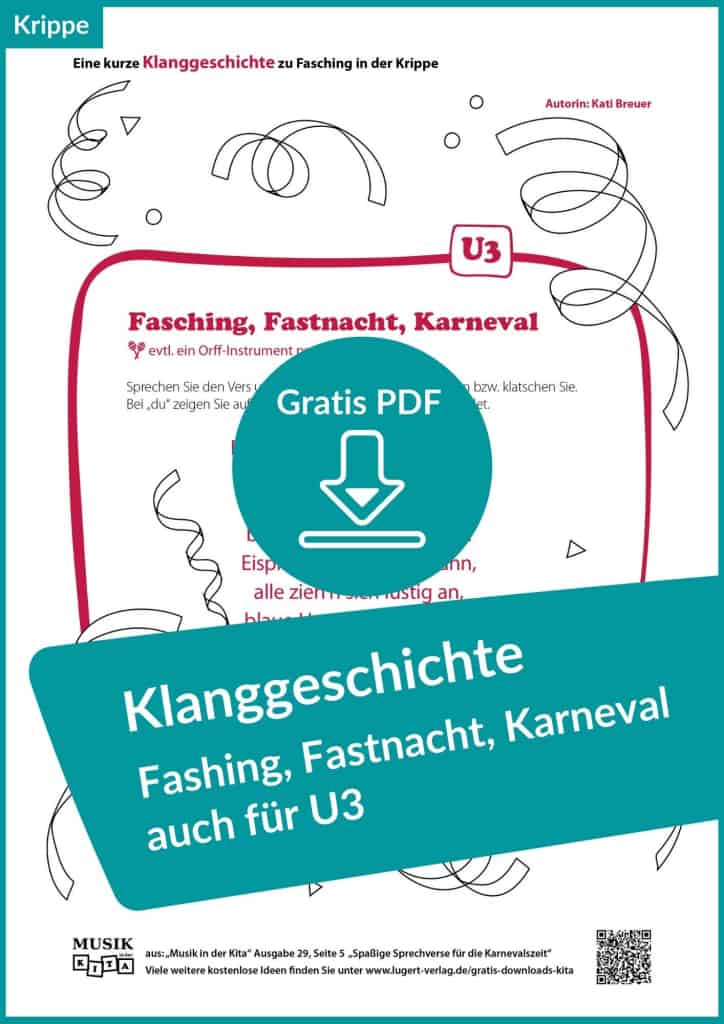 Vorschaubild Gratis-Download „Klanggeschichte zum Fasching / Karneval in der Krippe (PDF kostenlos)“ Krippe U3 Lugert Verlag