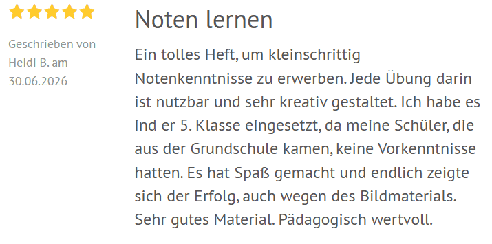 Noten lernen Heft Grundschule Kundenrezension
